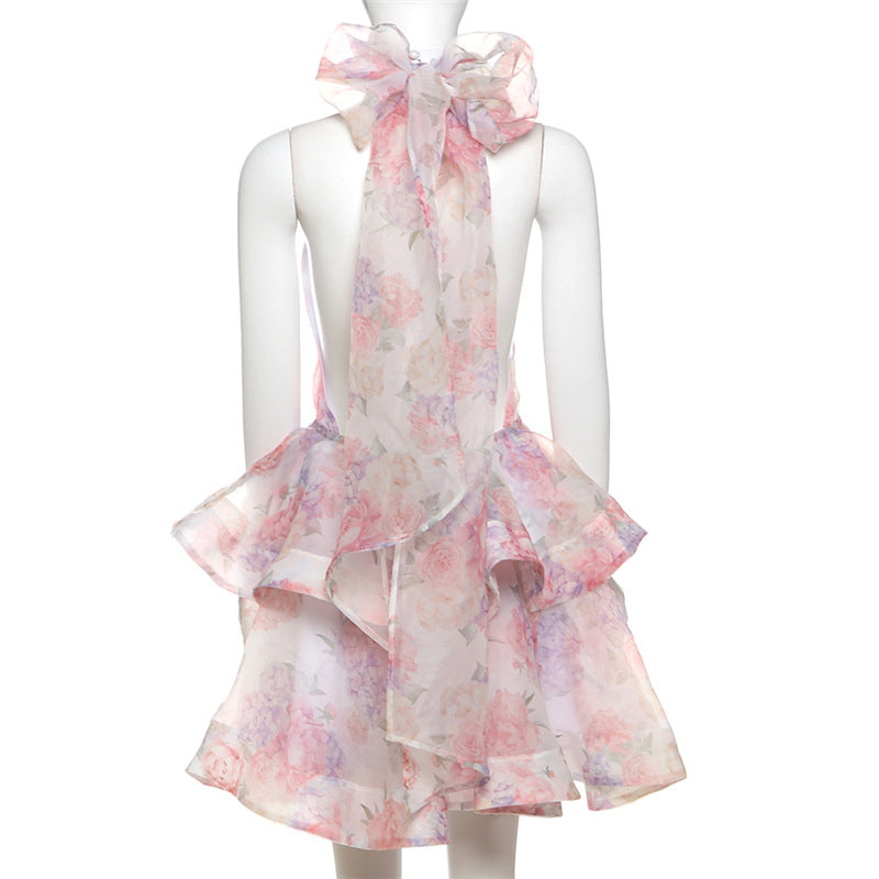 Women's Spring Printed Halter Neck Backless A-line Mini Dress 9