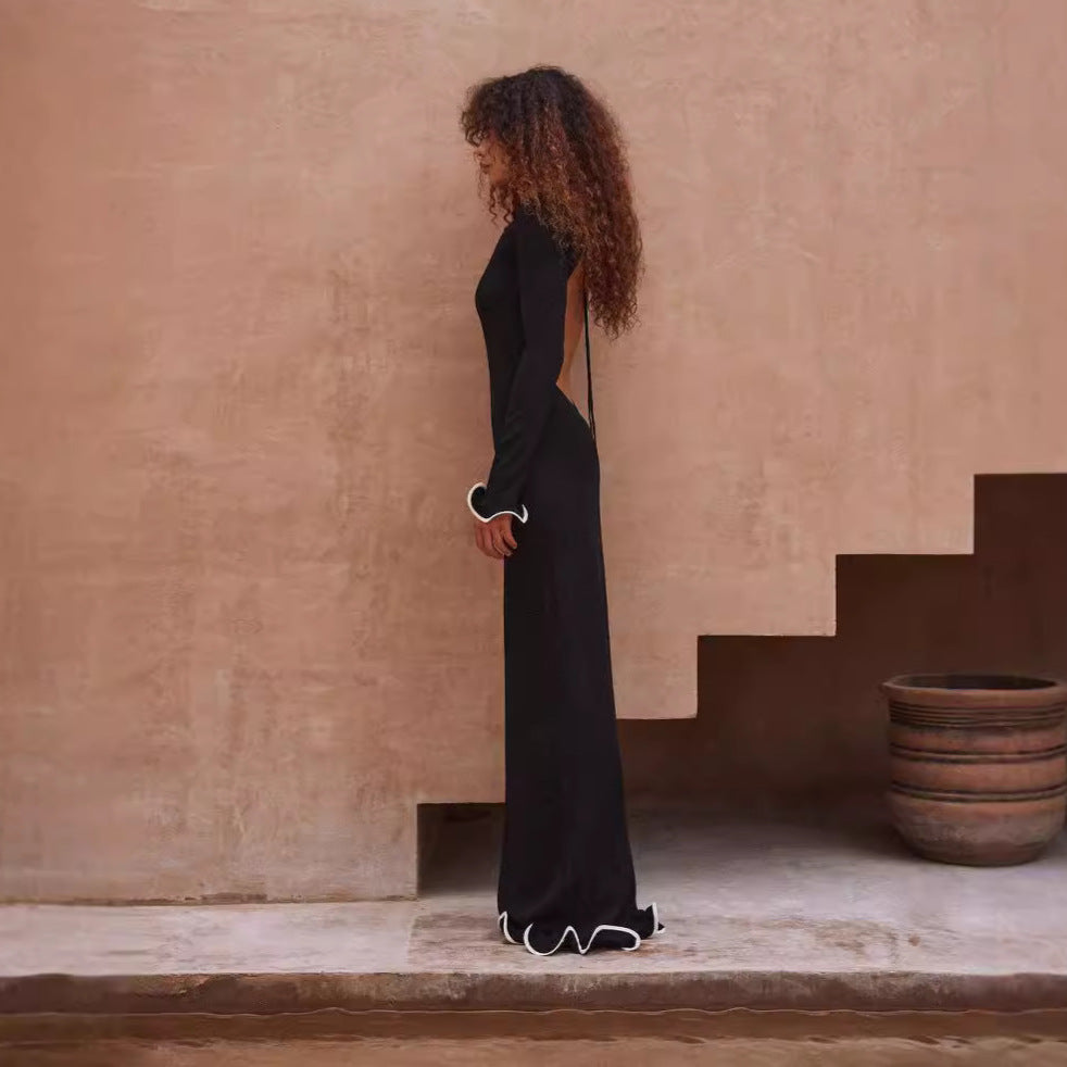 Sexy Low Back Bell Bottom Sleeve Ruffle Knitting Long Dress For Women 8