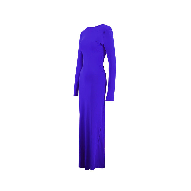 Women Pleated Long Sleeve Backless Bodycon Maxi Evening Dress 28