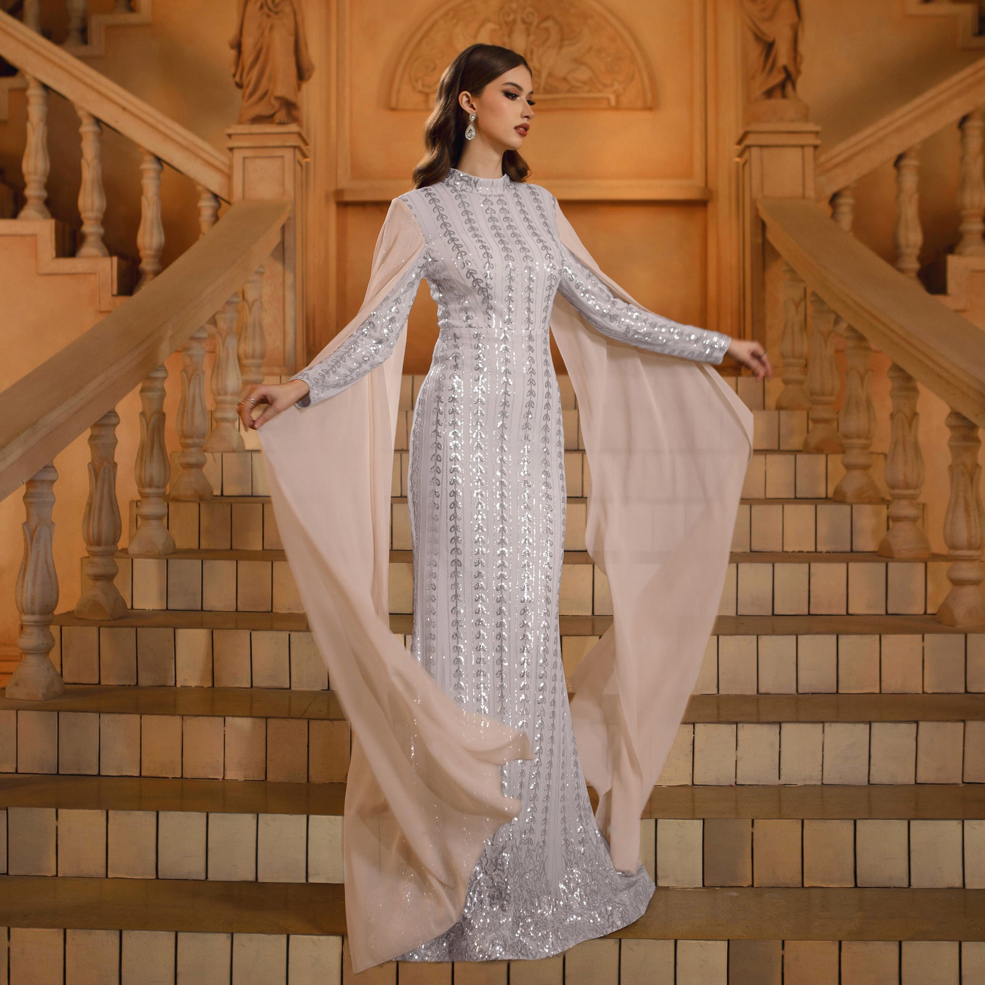 Women Long Sleeve Round Neck Bodycon Sequin Formal Party Fishtail Evening Dress 3