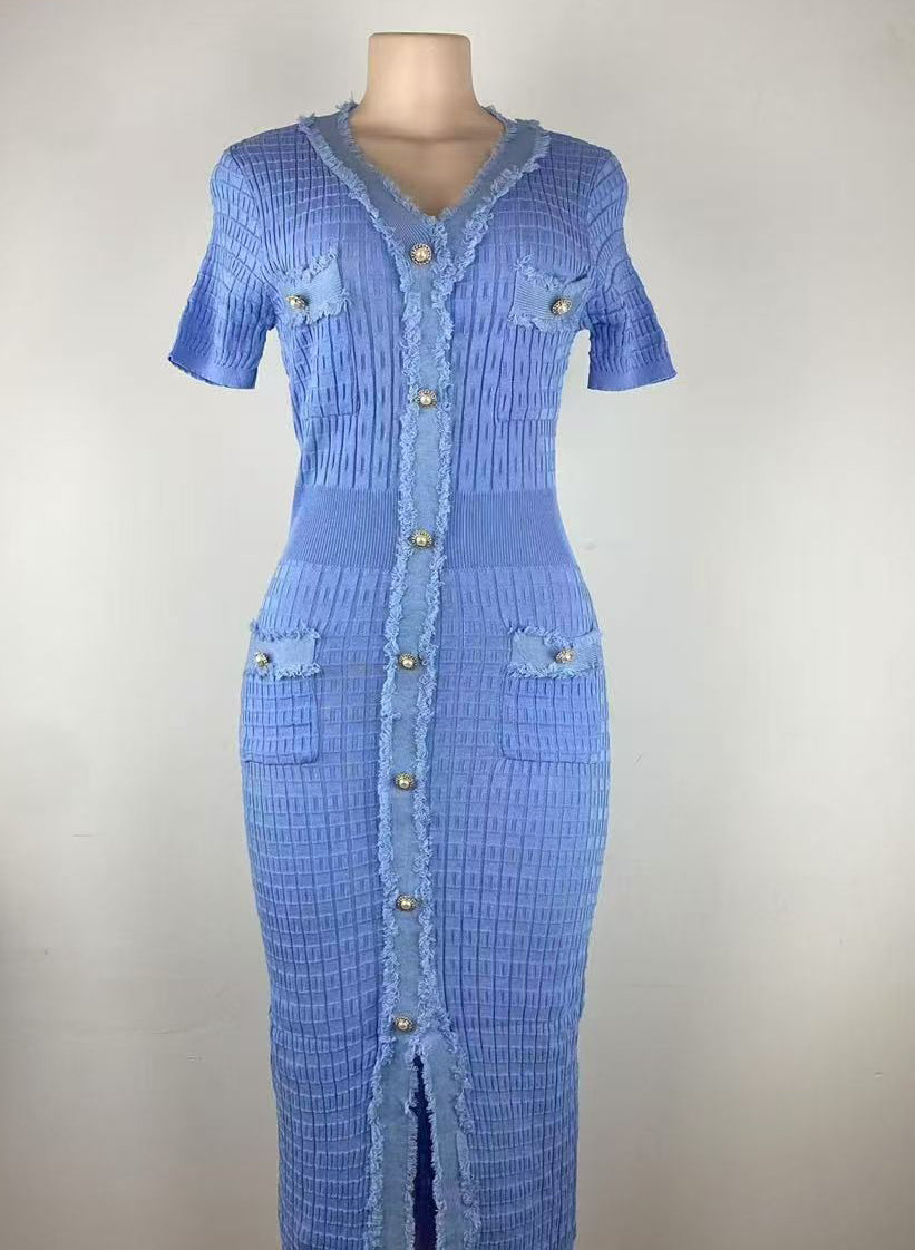 Women V-neck tassel slit knitting dress 6