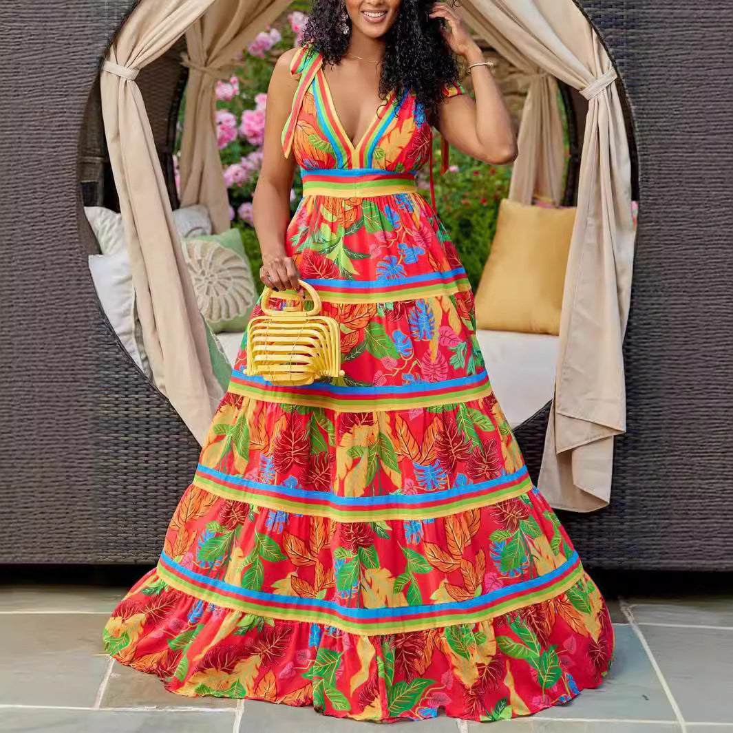 Plus Size Printed V-Neck Strap Maxi Dress 4