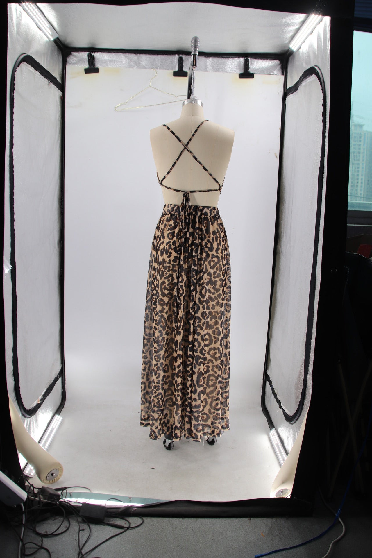 Women split leopard V Neck cross Backless Strap Dress 5