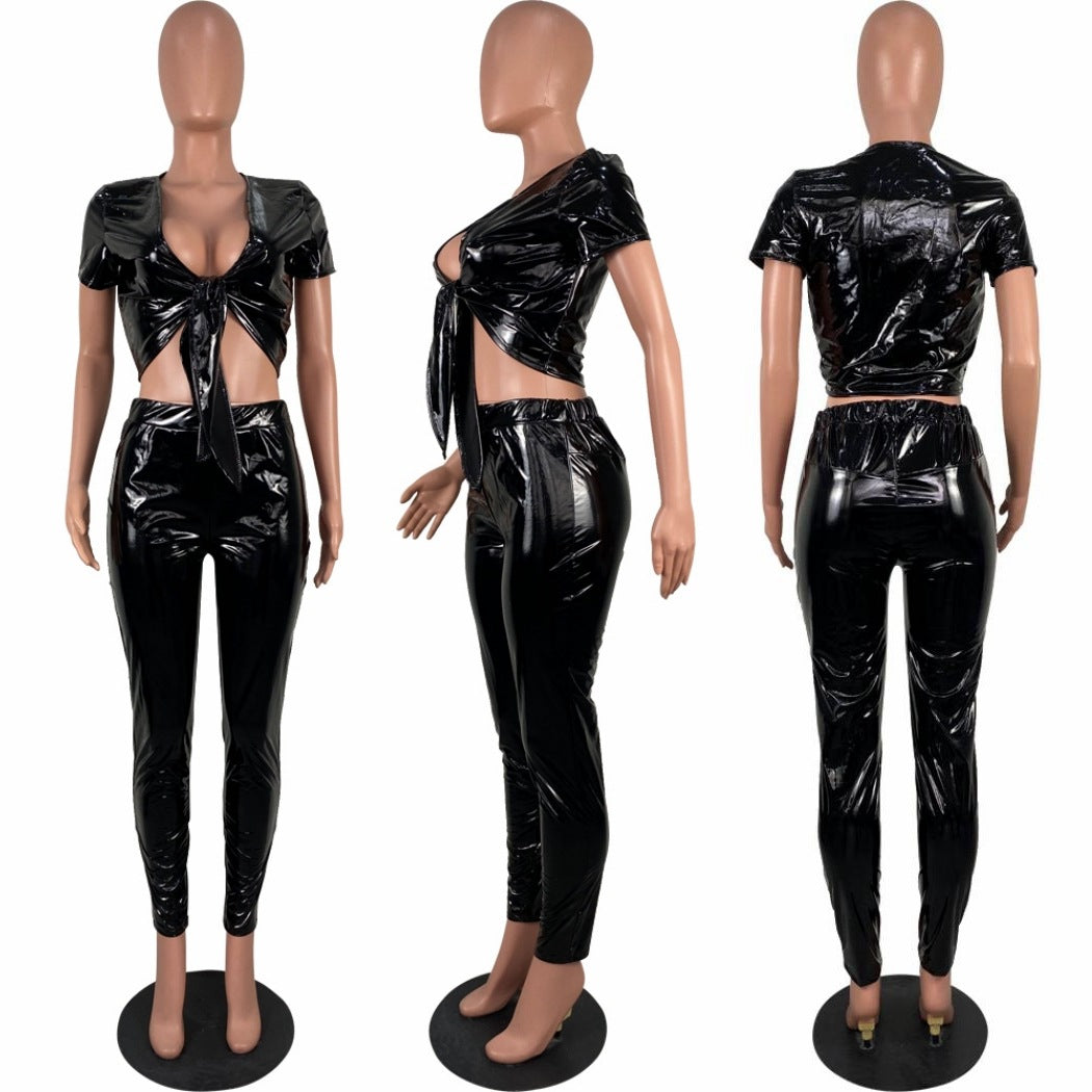 Women Sexy Pu Leather Short Sleeve Top and Pant Two-Piece Set 8