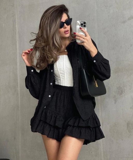 Spring & Summer Women's Fashion Casual Jacquard Two-Piece Shorts Set 3