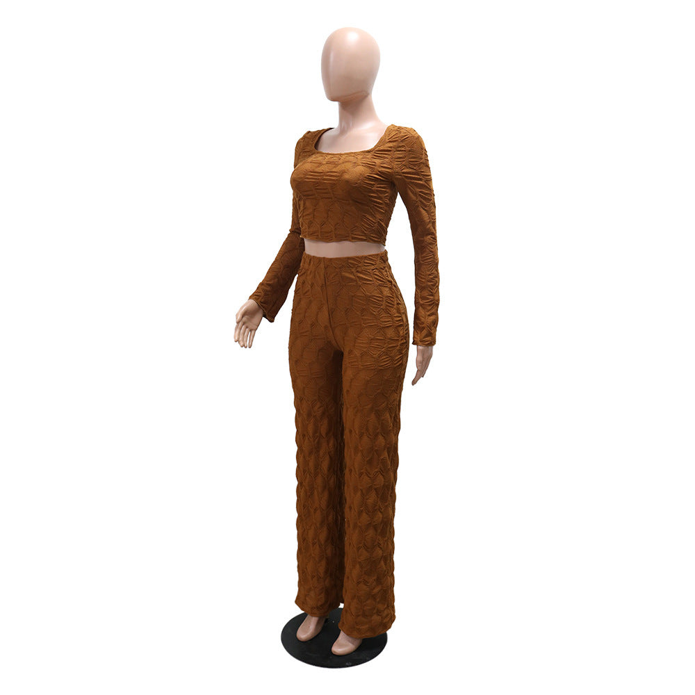 Off Shoulder Long Sleeve Short Top Fashion Slim Trousers  Women Two-Piece Set 12