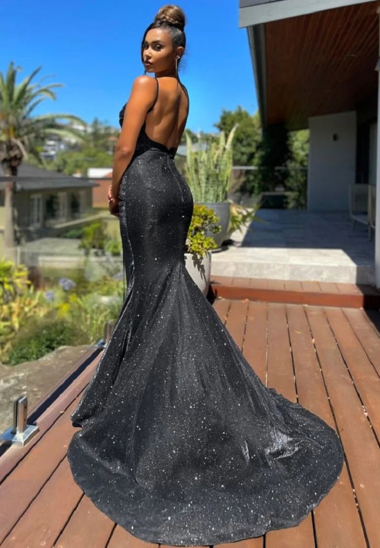 Summer Formal Black Sparkly Strap Mermaid Evening Dress