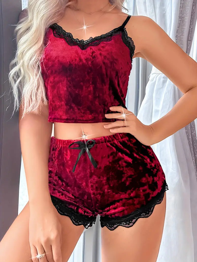 sexy lingerie Lace velvet strap two piece shorts set pajamas 3
