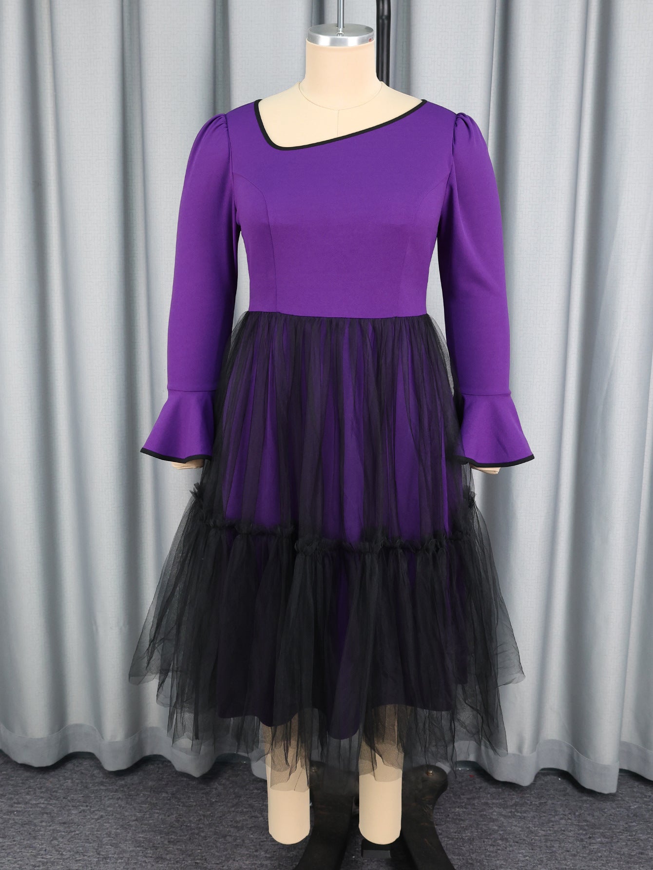 Plus Size Women's Purple Bell Sleeve Mesh Patchwork Elegant Long Dress 4
