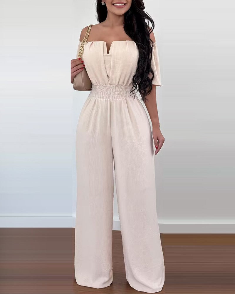 Women Off Shoulder V Neck Loose Straight Jumpsuit 3