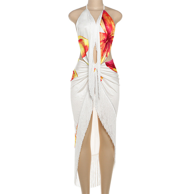 Women fall/winter Halter Neck lace-up V-neck backless printed top and tassel sexy skirt two-piece set 4