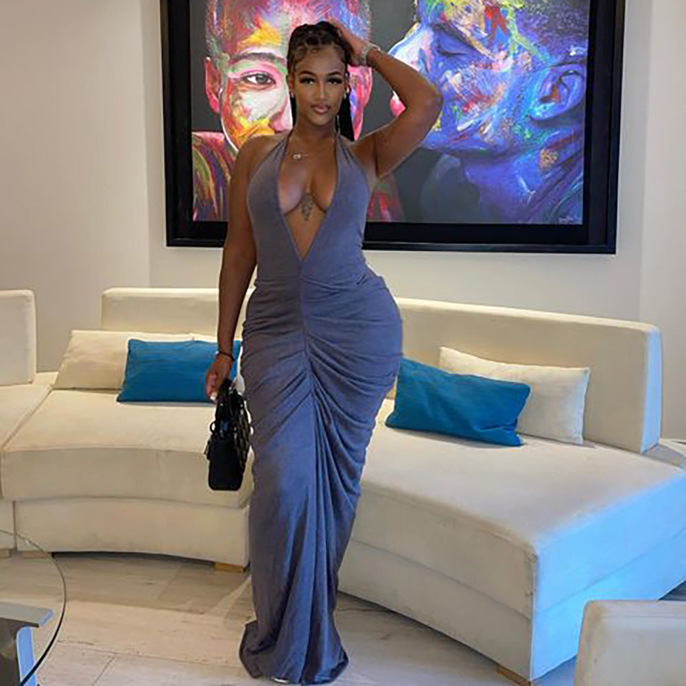 Women's Spring Sexy Deep V Low Back Halter Neck Dress