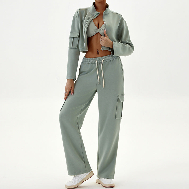 Autumn Winter Women's Casual Sports Loose Zipper Two Piece Pants Set Jogging Yoga Clothes 4