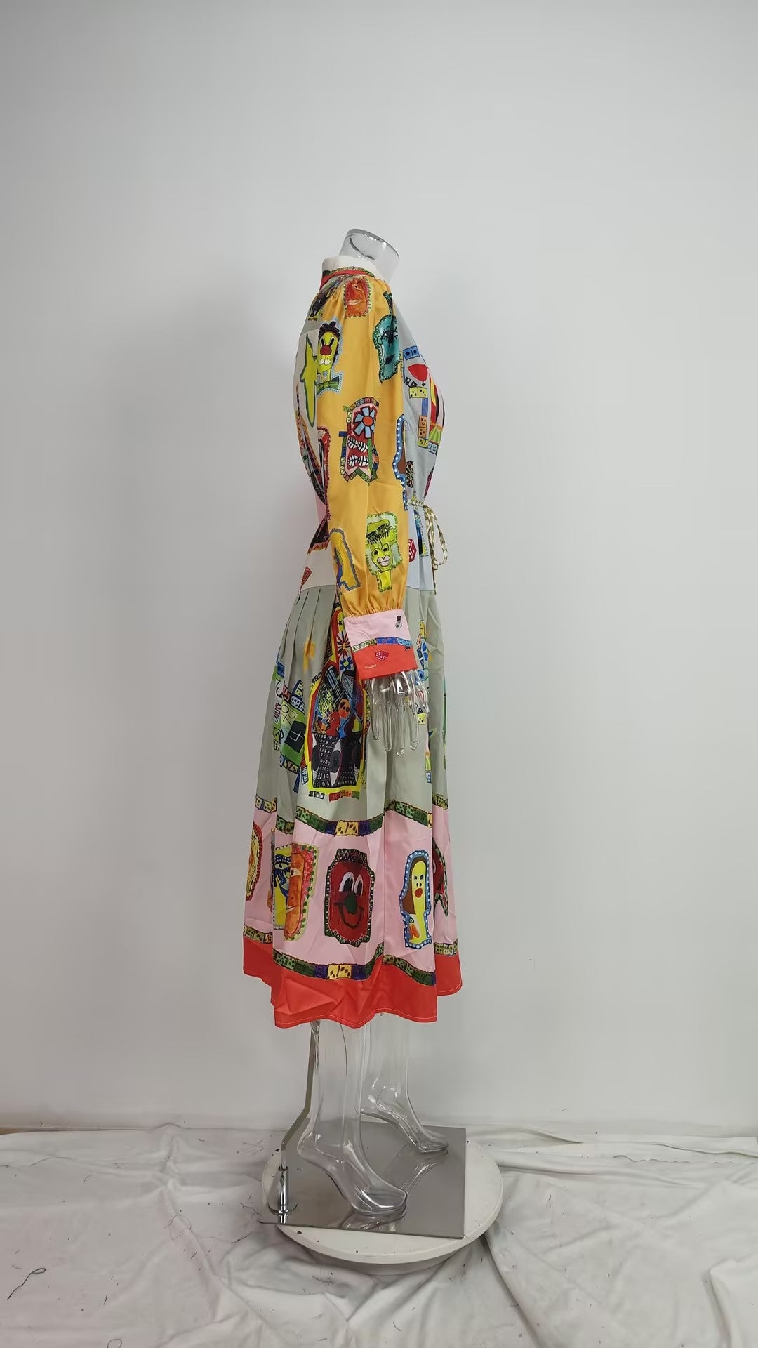 Women Chic Balloon Sleeve Turndown Collar Long Sleeve Dress 57