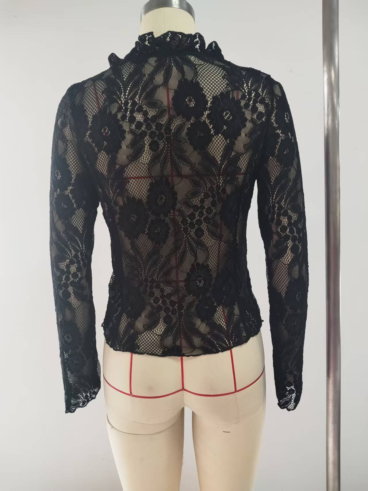 Women see-through lace long-sleeved ruffled mesh crop top 9