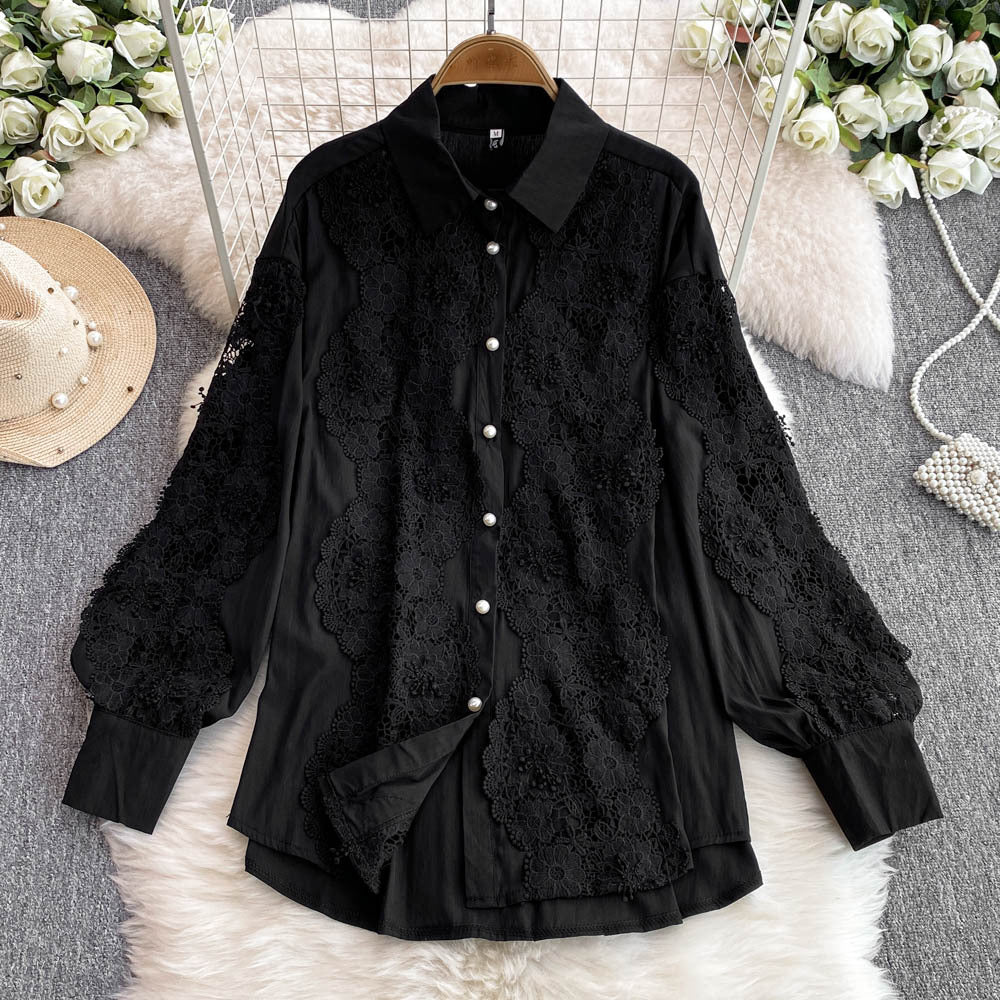 Women French Lace Patchwork Long Sleeve Shirt Wide Leg Pants Two Piece 11