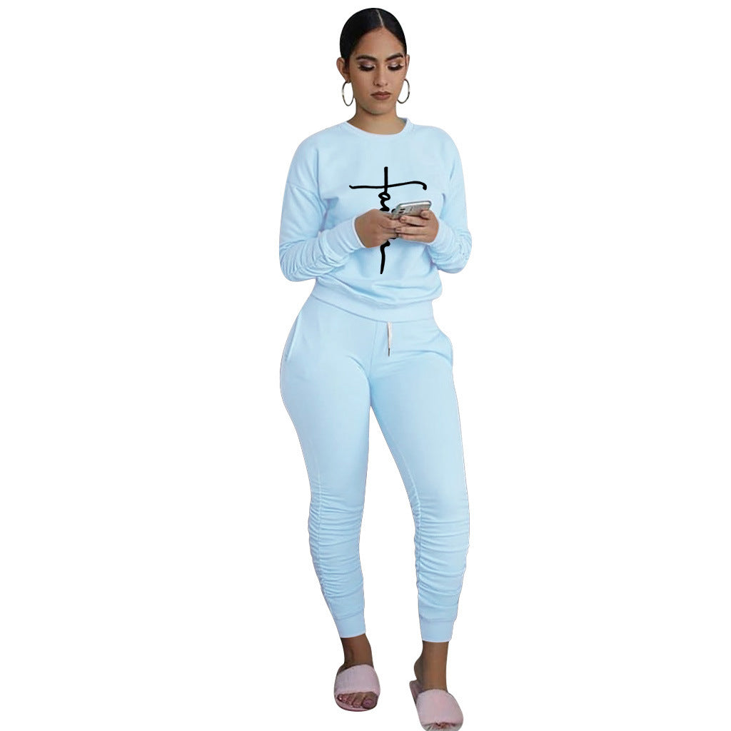 Women'S Print Solid Color Long Sleeve Round Neck Top And Ruched Pants Set Two-Piece Set 13