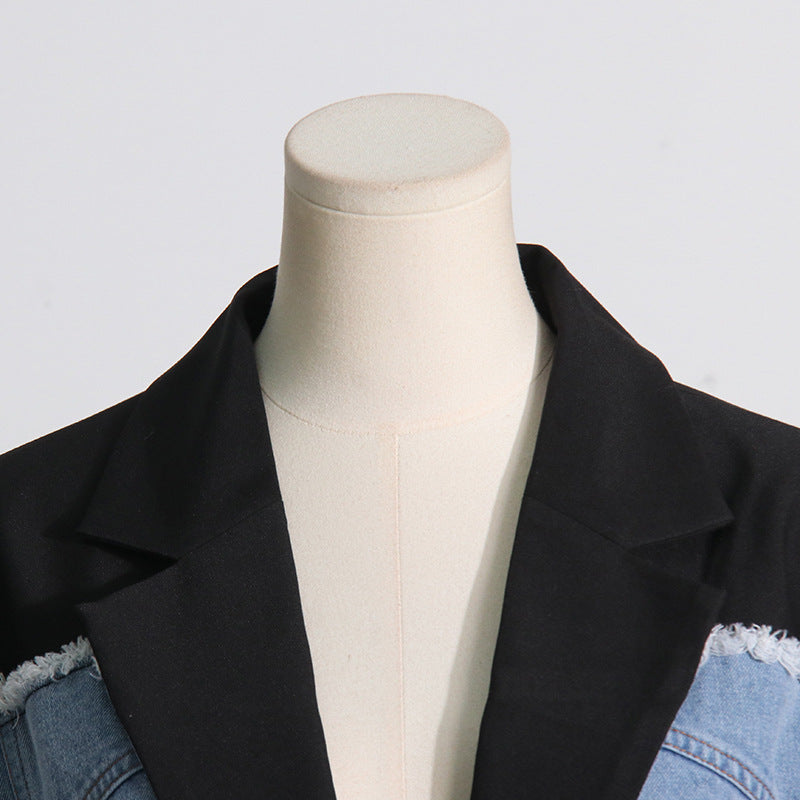 Women's Autumn Contrast Color Denim Patchwork Loose Jacket 12