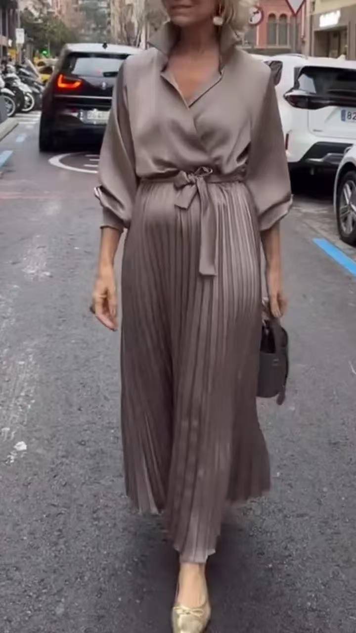 Spring Women's V-Neck Plus-Size Solid Color Belted pleated Dress