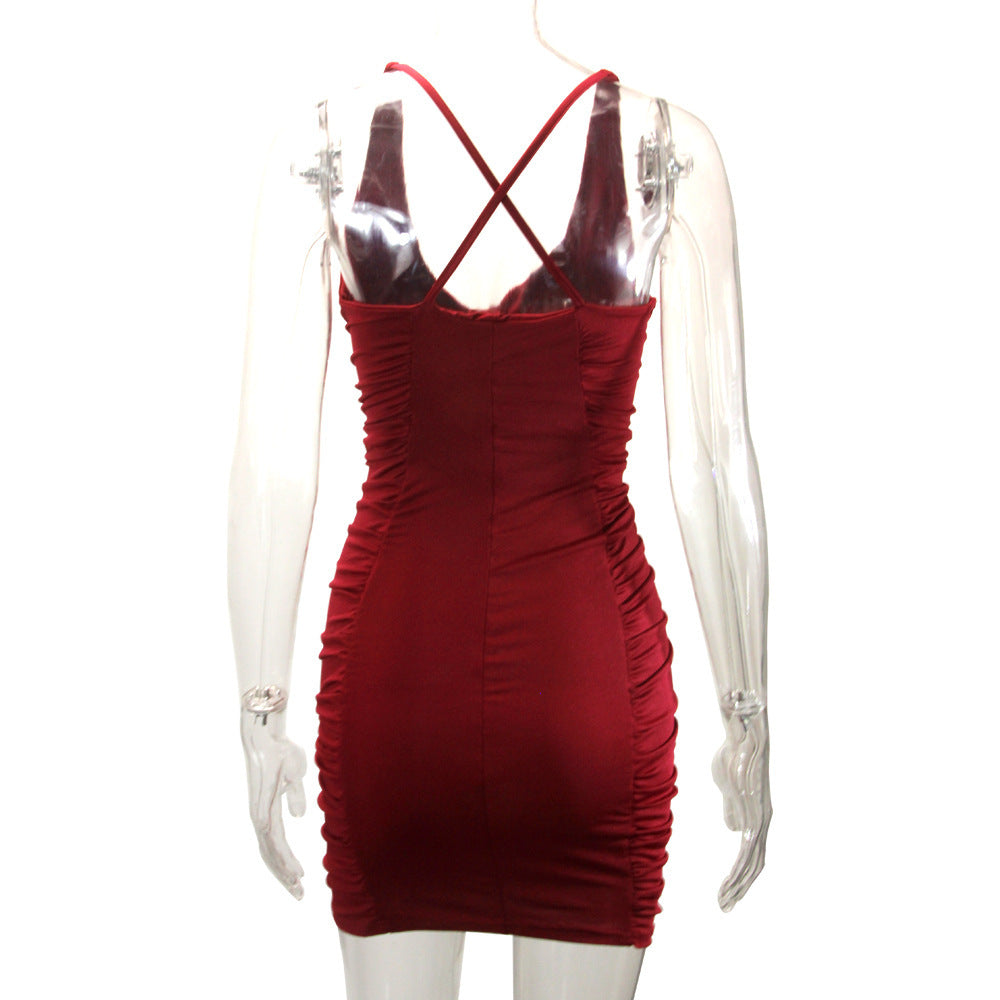 Women Summer V-Neck Backless Pleated Bodycon Dress 19