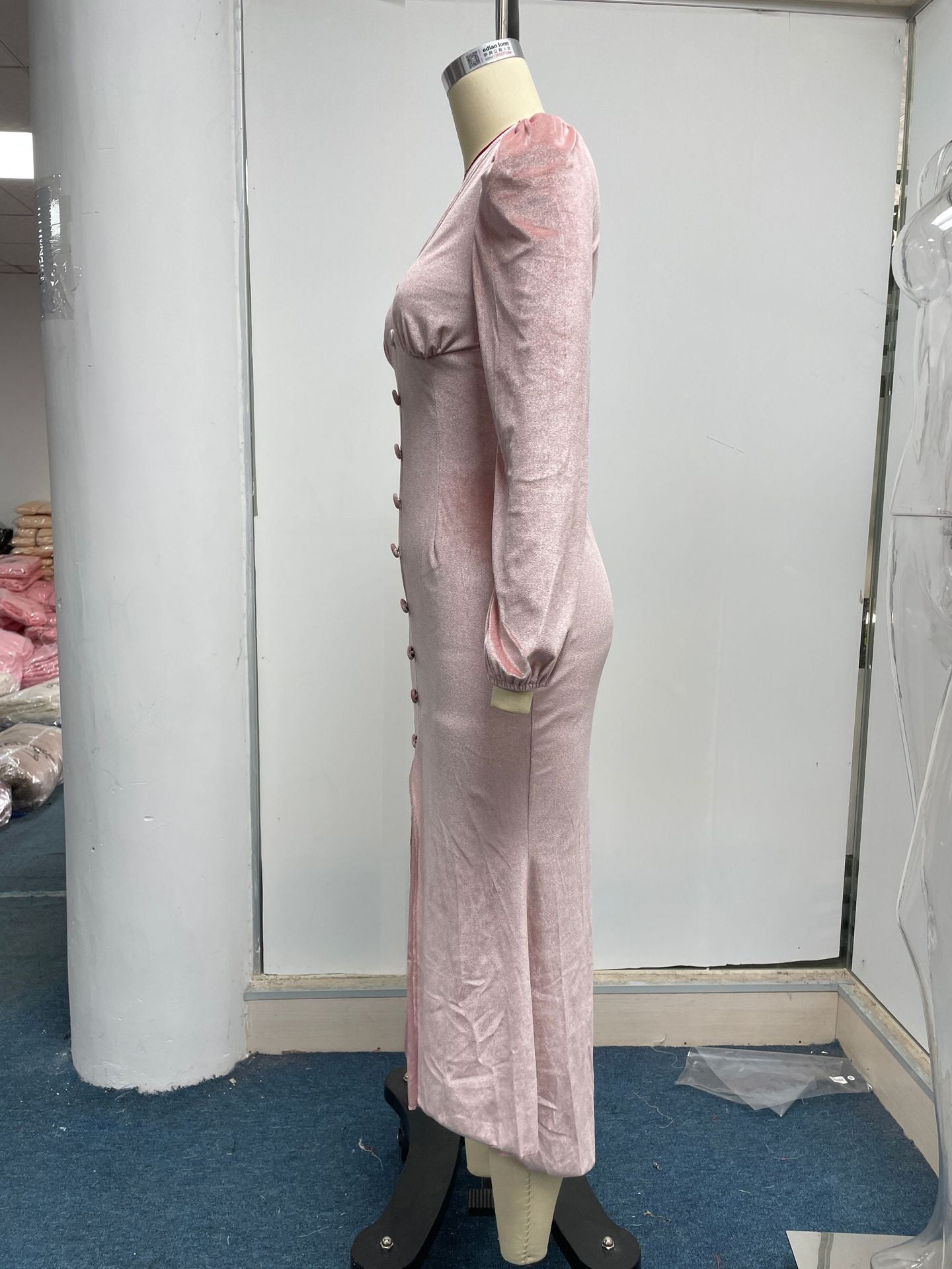 Women Autumn Knittingv Collar Solid Padded Shoulder Long Sleeve Slit Evening Dress 27