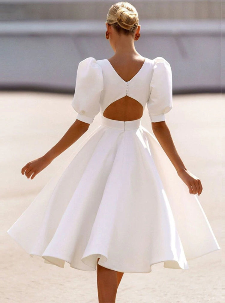 Summer Formal White Puff Sleeve O-Neck Prom Dress