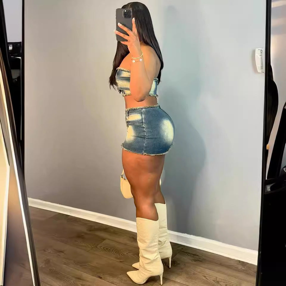 Women's Sexy Denim Strapless Belted Top Fashion Slim Skirt Set Two Piece Set 4