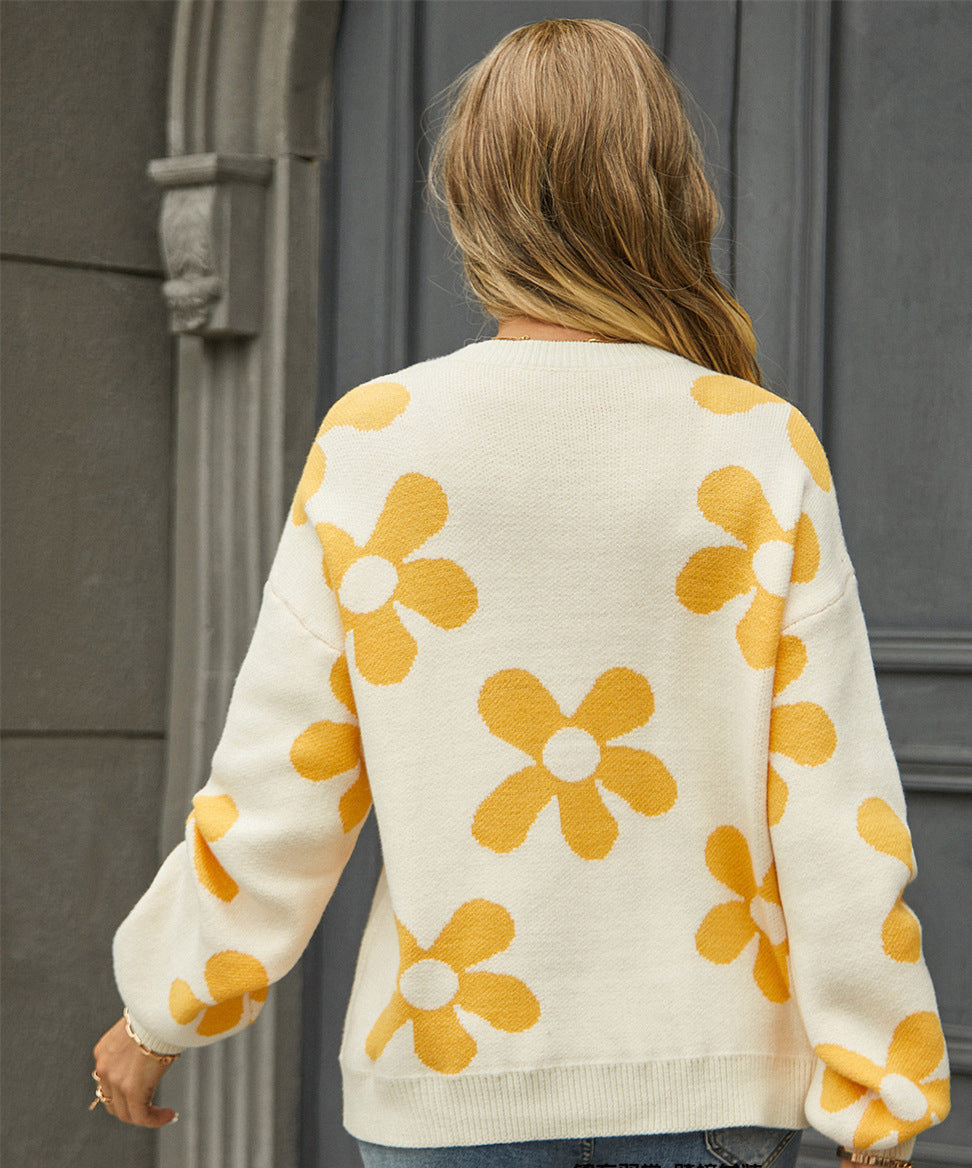 Autumn and winter women's printed sweater pullover flower plus size sweater 46