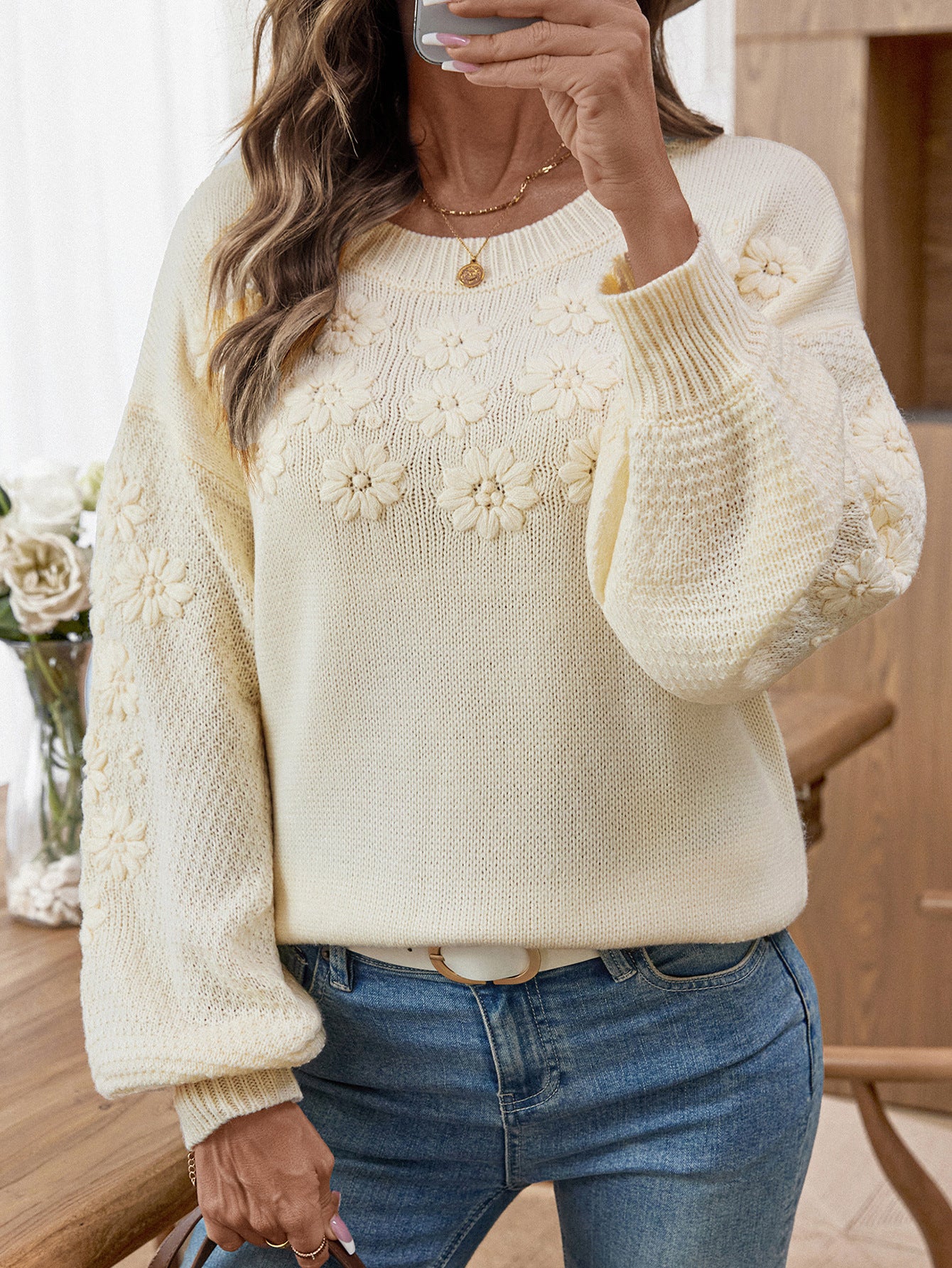Autumn Winter Embroidery Daisy Pullover Round Neck Loose Knitting Sweater 5