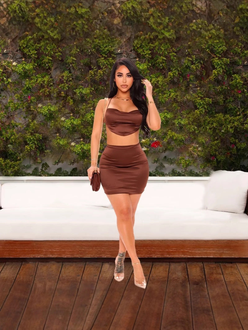 Women Sexy Pleated Backless Camisole and Bodycon Skirt Two-Piece Set 4