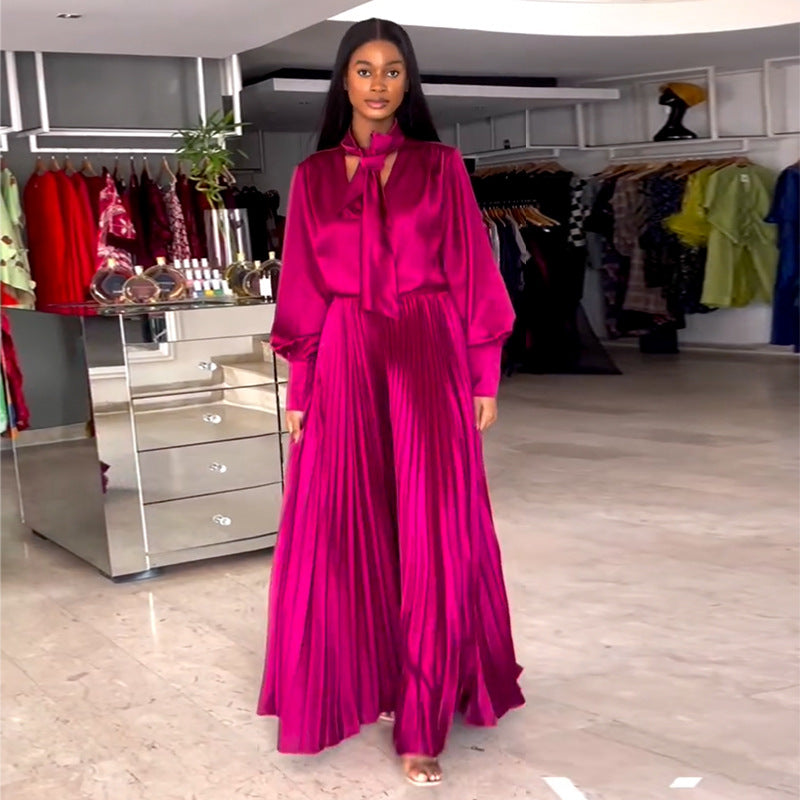 Women Summer Lace-up V-Neck Lantern Sleeve Shirt and Pleated Wide Leg Pants Two Piece Set 3