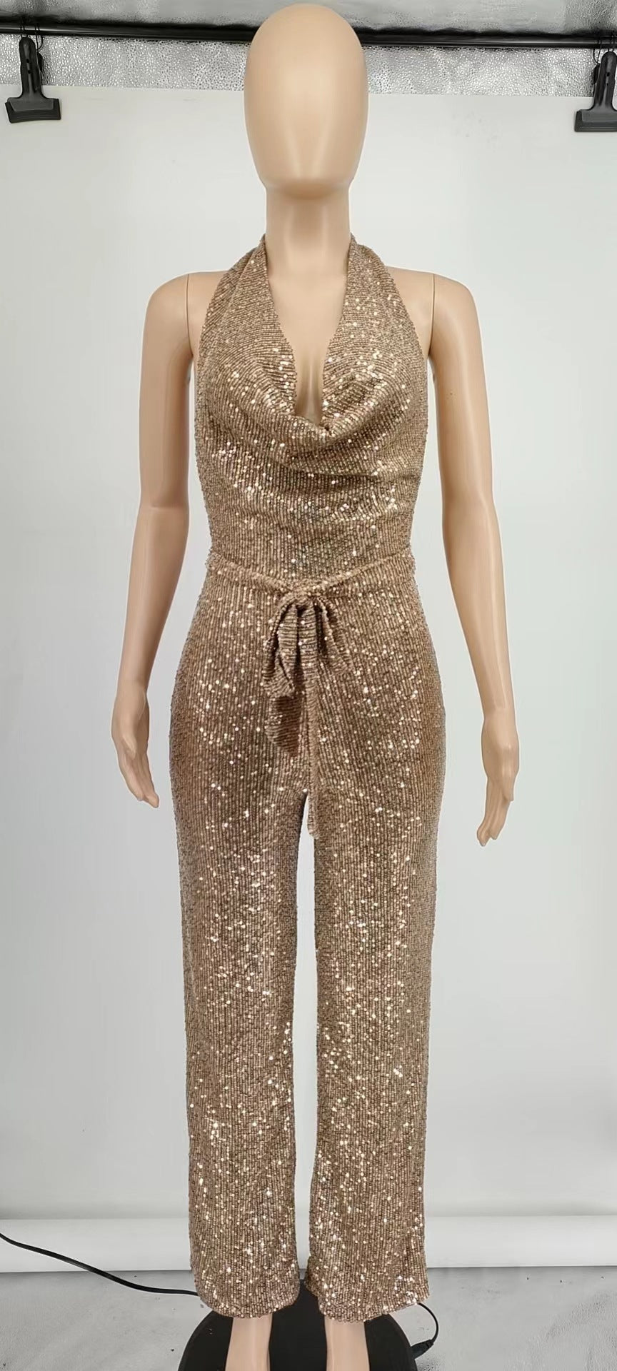 Women Sleeveless Halter Neck Sequined Lace-Up Jumpsuit with Belt 3