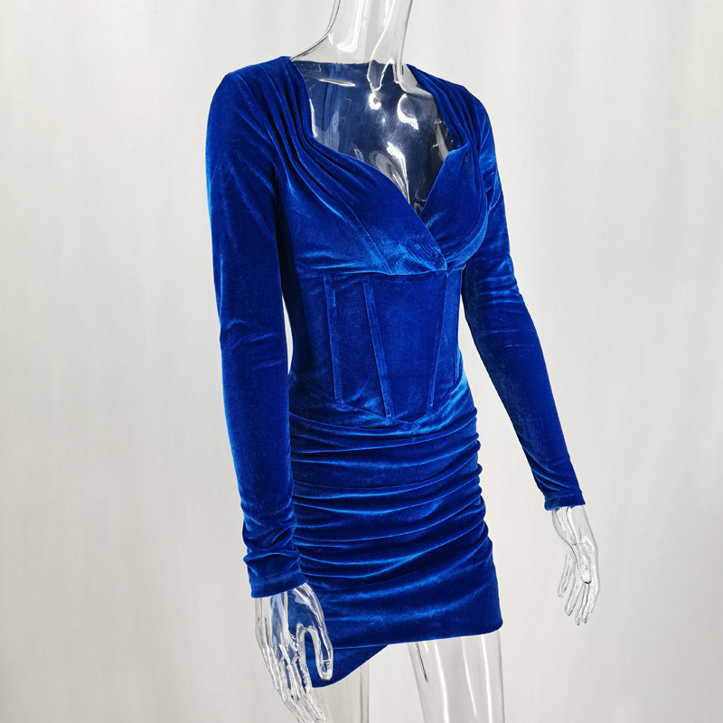 Spring Long-Sleeve Elegant Velvet Fishbone Bodycon Dress 7