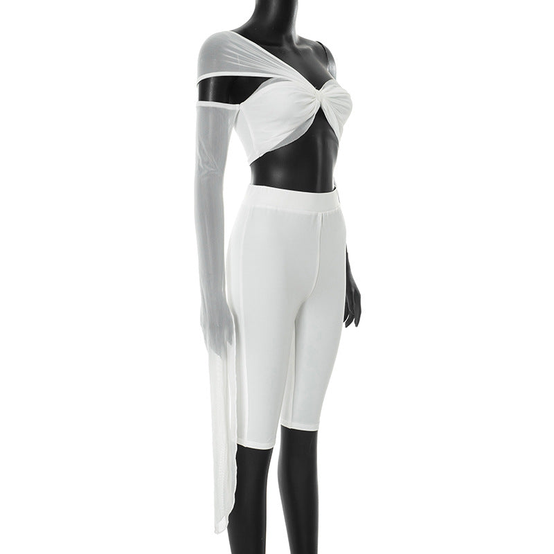 Women's Spring-Summer See-Through Mesh One-Sleeve Slim Tight Two-Piece Shorts Set 7