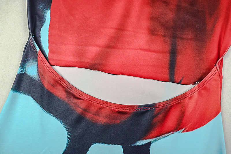 Fashion Printed Casual Ruched Halter Neck Draped Low-Back Long Dress 11