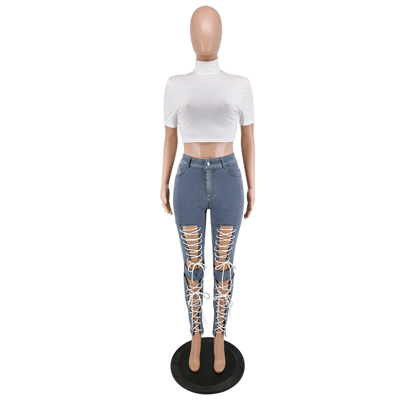 Women's Summer Lace-Up Sexy Denim Pants 14
