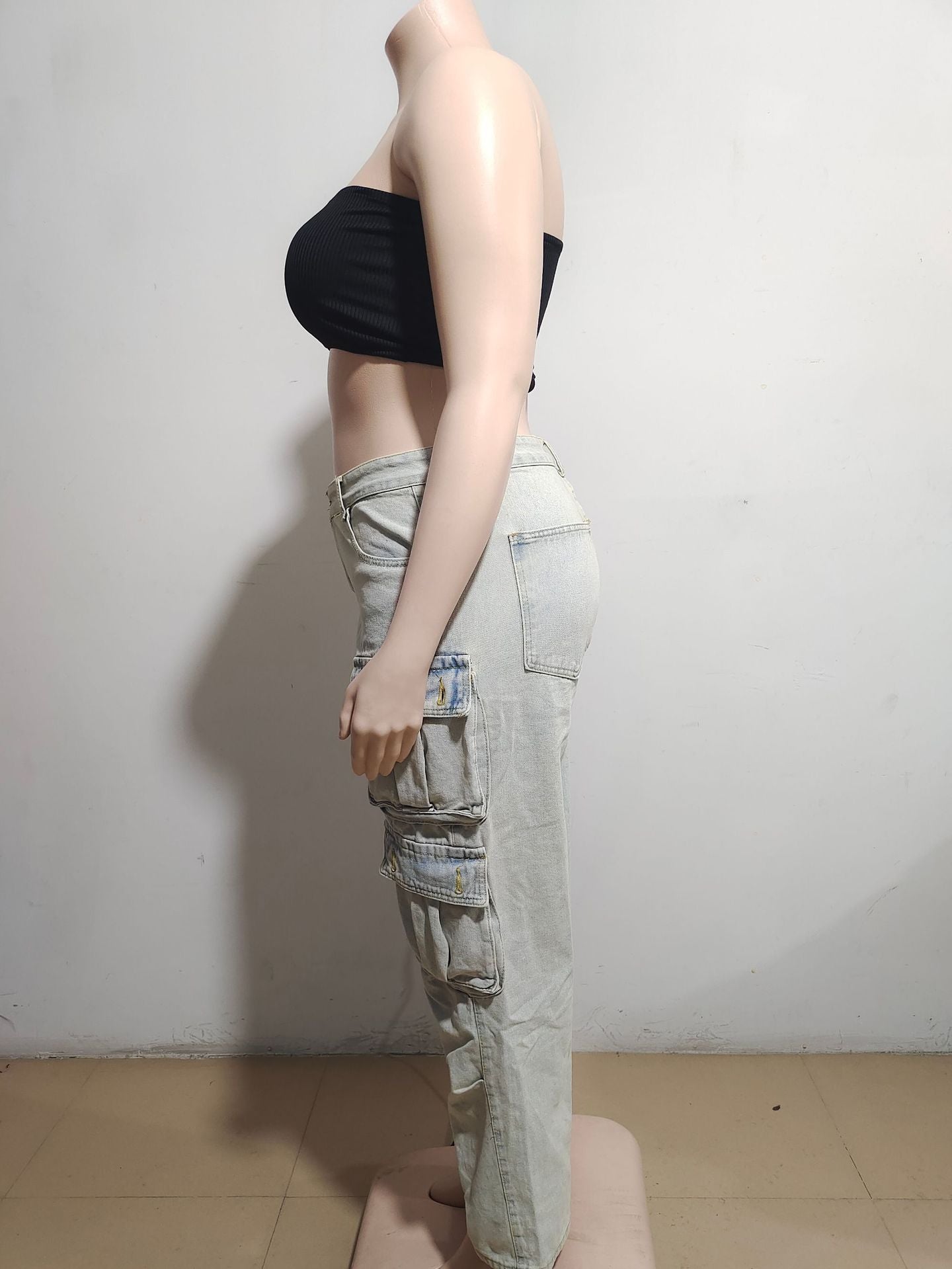 Women American Fashion Retro Cargo Denim Straight Pants 11