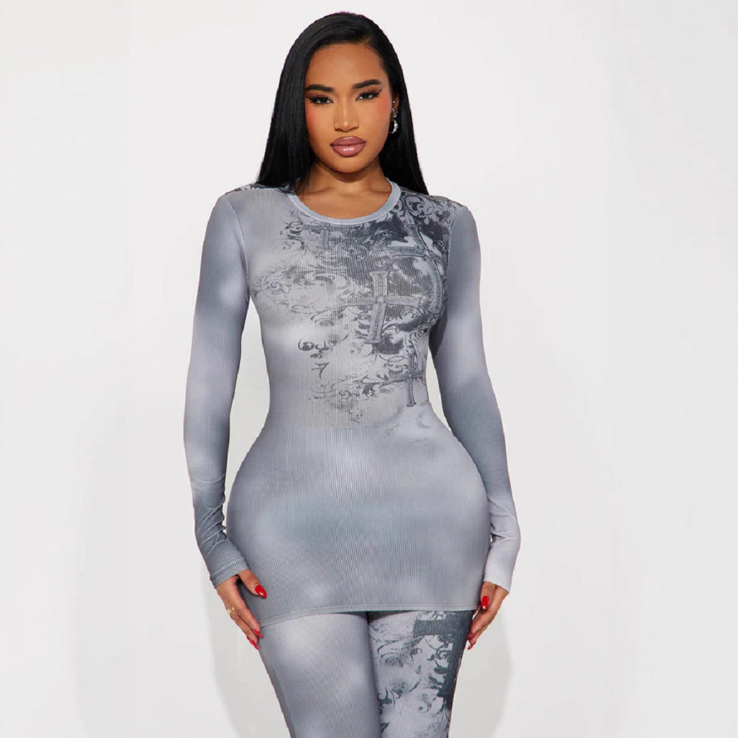 Women's Sexy Tie-Dye Gray Long Sleeve Top Flared Pants Two-Piece Set 4