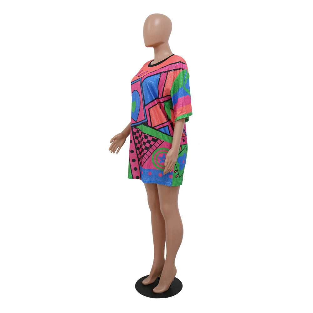 Trendy Round Neck Half Sleeve Loose Sequin Print Party Sequined Nightclub Style Women's Dress 22