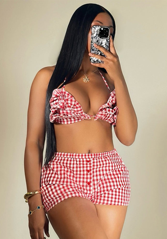 Women’s Summer Plaid Lace-Up Crop Top Shorts Set