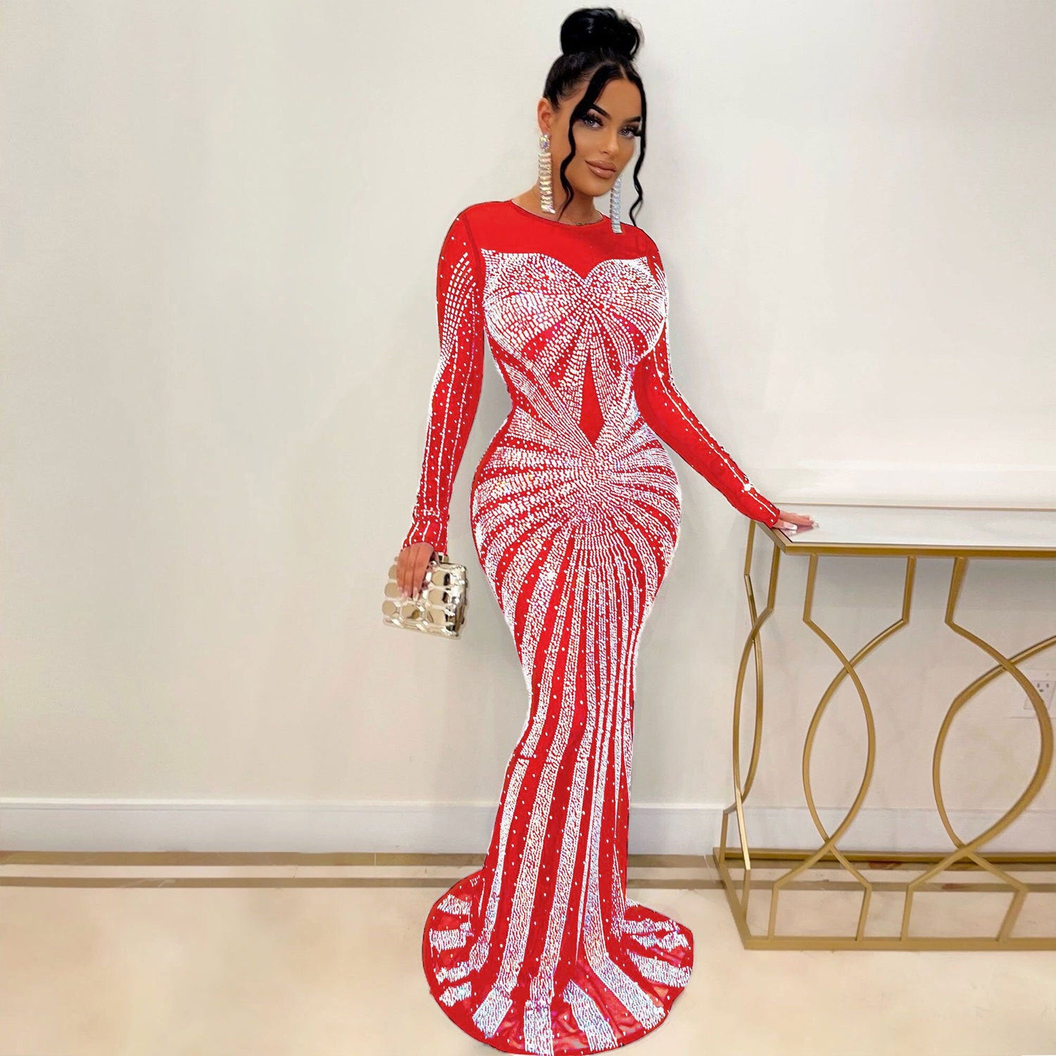 Sexy Rhinestone Beaded Long Sleeve Evening Dress 3