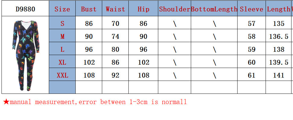 Women's Sexy Fashion Pattern Print Deep V-Neck Long Sleeve Tight Slim Jumpsuit 30