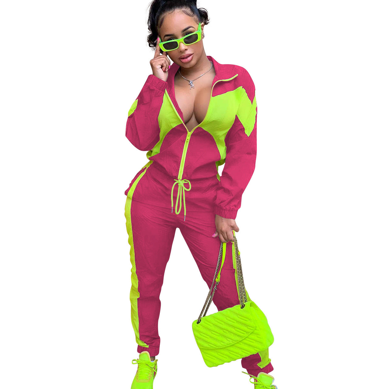 Women'S Casual Fashion Colorblock Zipper Two Piece Women'S Sport Pants Set 11