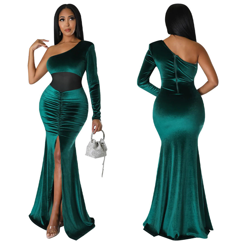 Women'S Fall/Winter Slash Shoulder Ruched Slit Solid Color Mermaid Dress