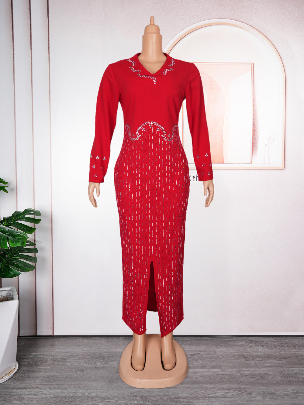 Africa Plus Size Women's Beaded V-Neck Bodycon Chic Elegant Dress 19