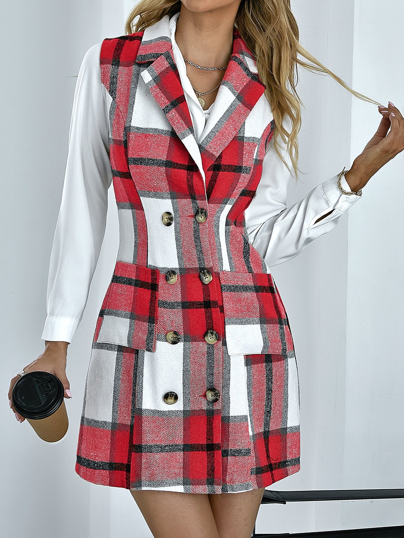 Women's Fashion Plaid Long Vest Turndown Collar Sleeveless Blazer 5