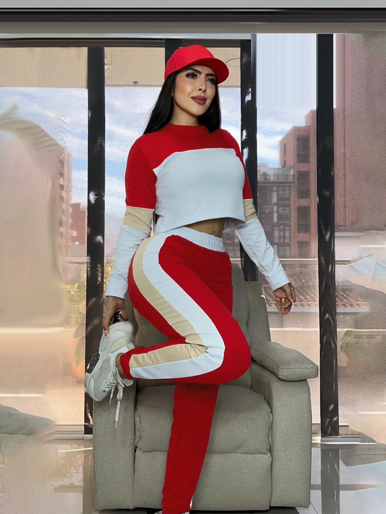 Fashion Street Color Block Patchwork Long Sleeve Sweatshirt & Sport Casual Pants Two-Piece Set 9