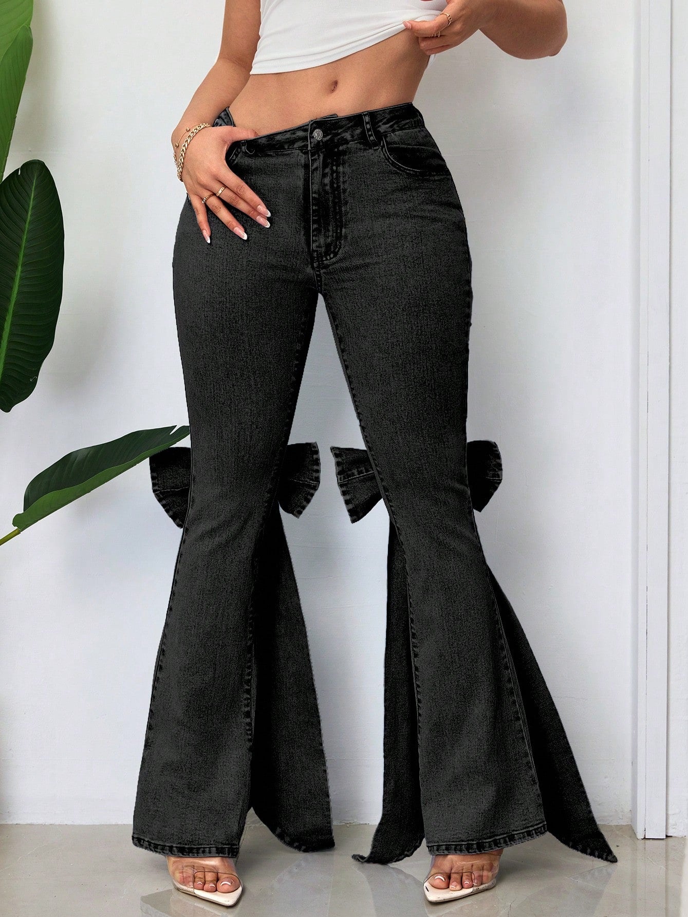 Bow Tie Stretch Mid-Waist Denim Bell Bottom Pants 5