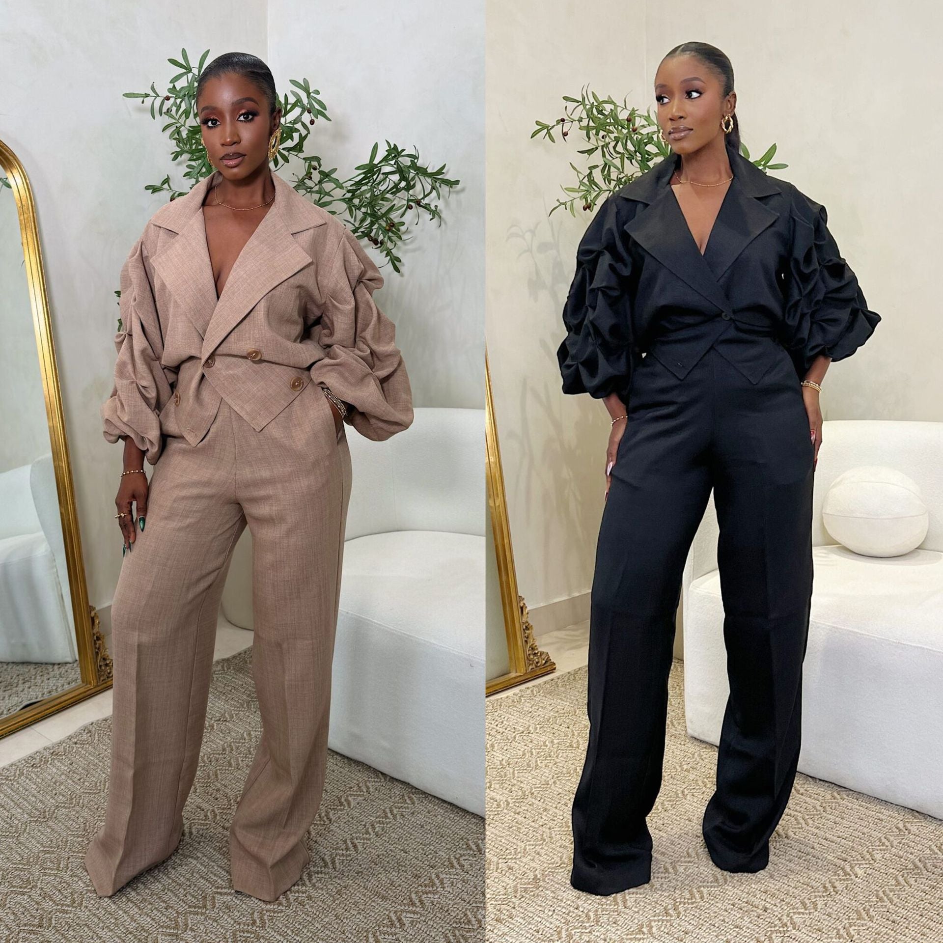 Career Casual Turndown Collar Pleated Sleeve Wide-Leg Pants Set 10