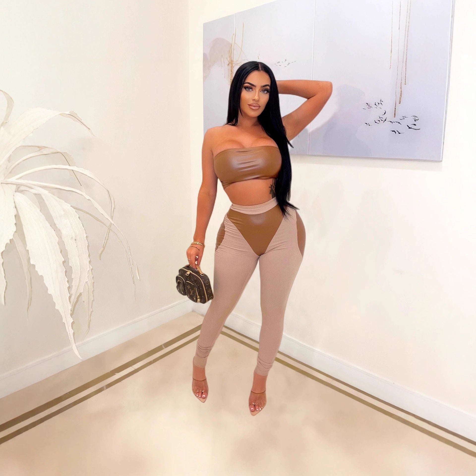 Women Sexy Colorblock Pu Leather Patchwork Strapless Top and Pants Two-Piece Set 4